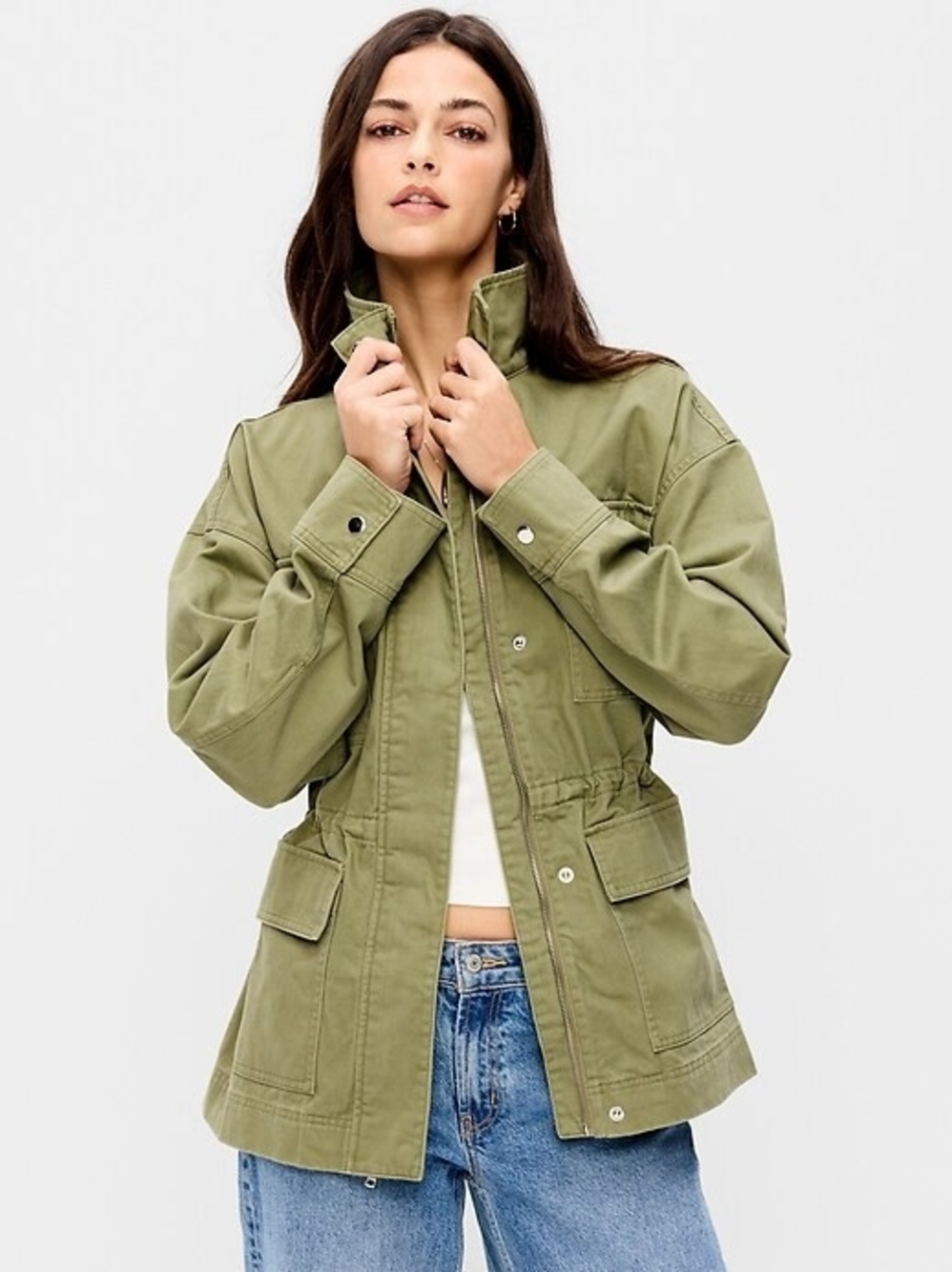 NWT Old Navy Olive Long Sleeve Utility Jacket with Cinched Waist Misses Small